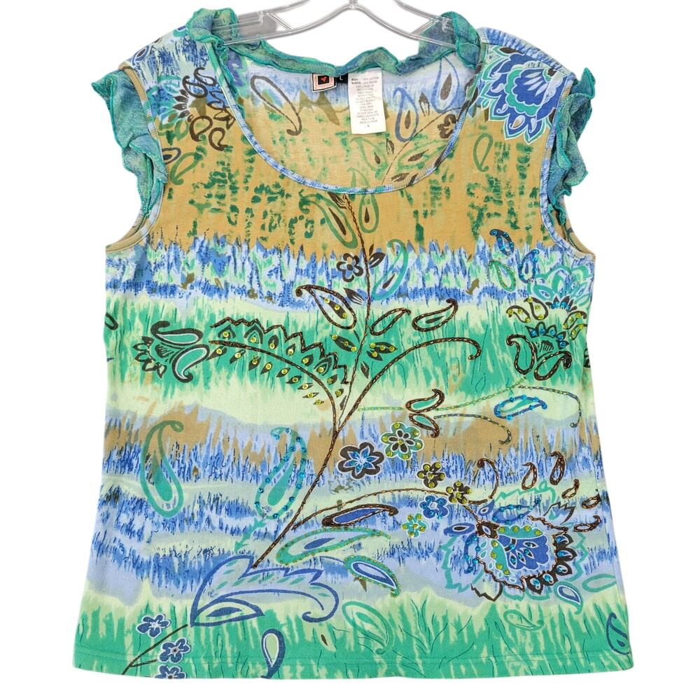 Forbidden Blue Floral Shirt Beaded Tee Short Cap Sleeves Scoop Womens Size L Top